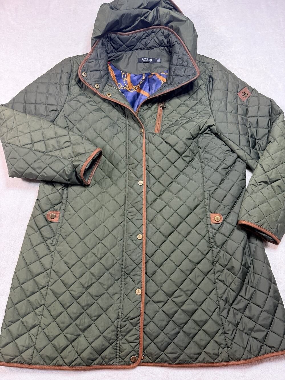 Lauren Ralph Lauren Diamond Quilted Barn Jacket Coat Hooded Olive Green Women 1X